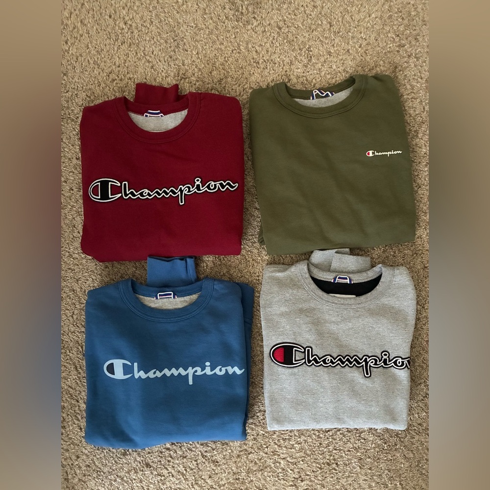 Men’s Champion Sweatshirts in Red, Green, Blue, and Gray